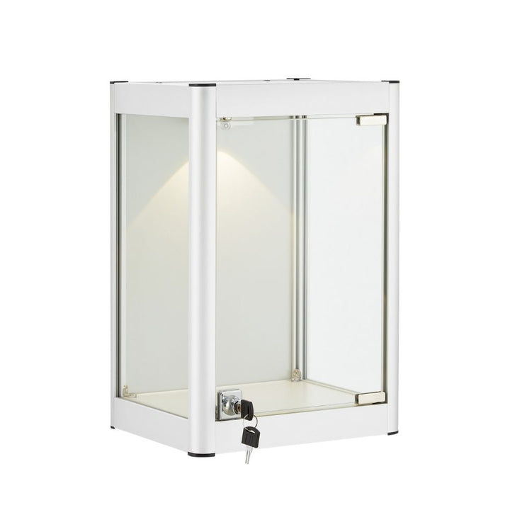 A silver tempered glass display case with a built-in spotlight and secure lock, ideal for retail product presentation.