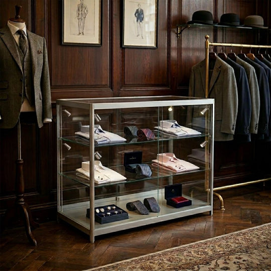 Silver Aluminium Glass Counter Display Cabinet with 8 LED Spotlights & Lockable Sliding Doors - 1000 x 500mm