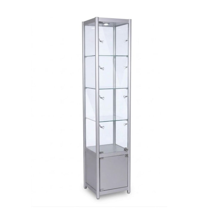 Silver storage display cabinet with LED-lit shelves and a lockable base, suited to retail counters, school reception displays and office lobbies.
