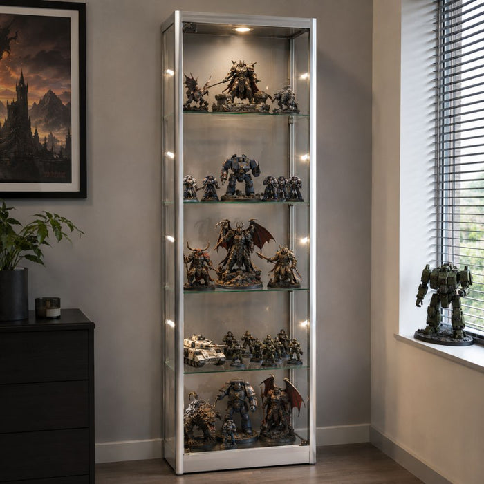 Silver illuminated glass display cabinet for painted miniatures
