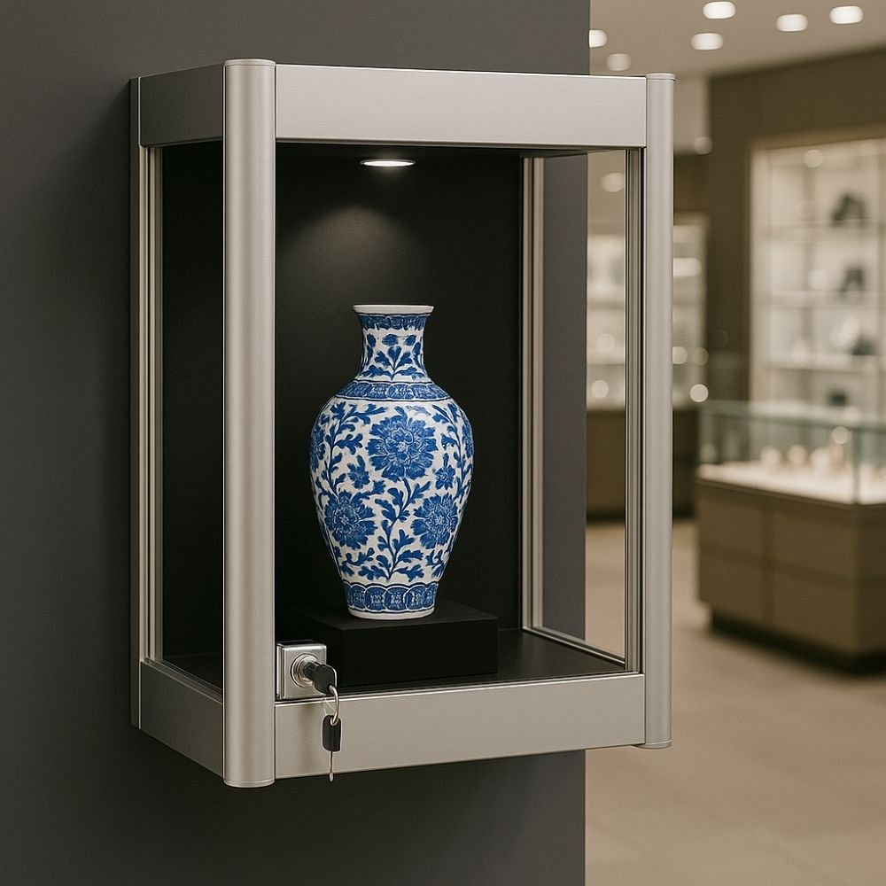 A silver lockable wall-mounted display case with built-in spotlight showcasing a luxury vase on a black stand.