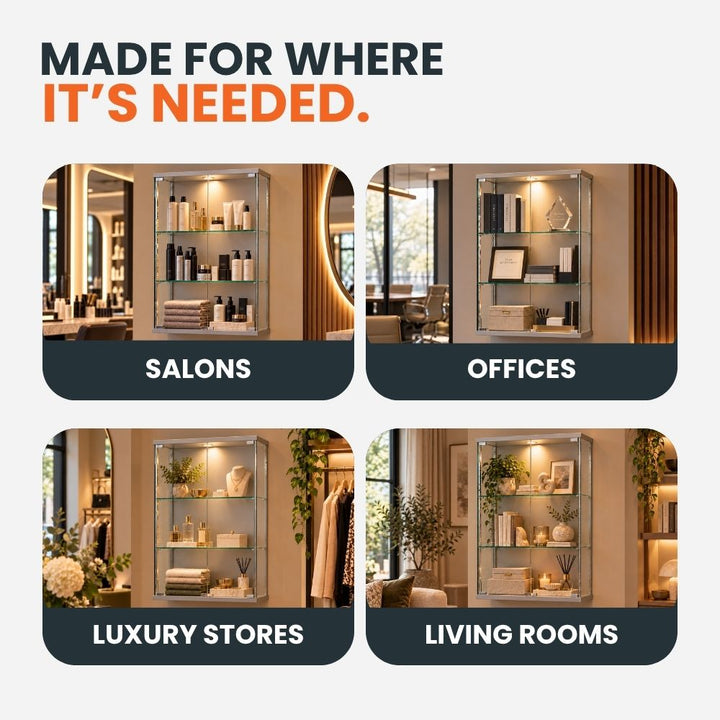 Silver wall-mounted glass display cabinet pictured in salon, nursery, boutique and living room settings to demonstrate a range of display environments.