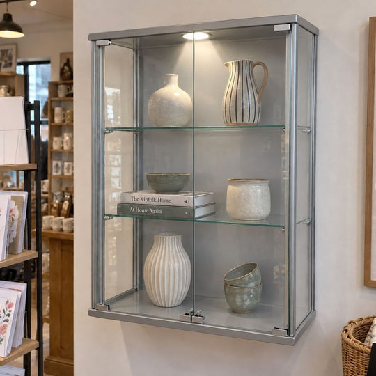 Silver Wooden Wall Mounted Double Door Glass Display Cabinet with 2 Adjustable Shelves  - 600mm