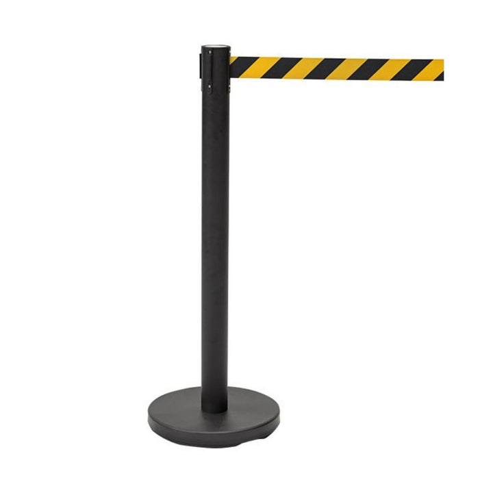 A single black retractable barrier post with an extended yellow and black striped belt, shown against a white background.