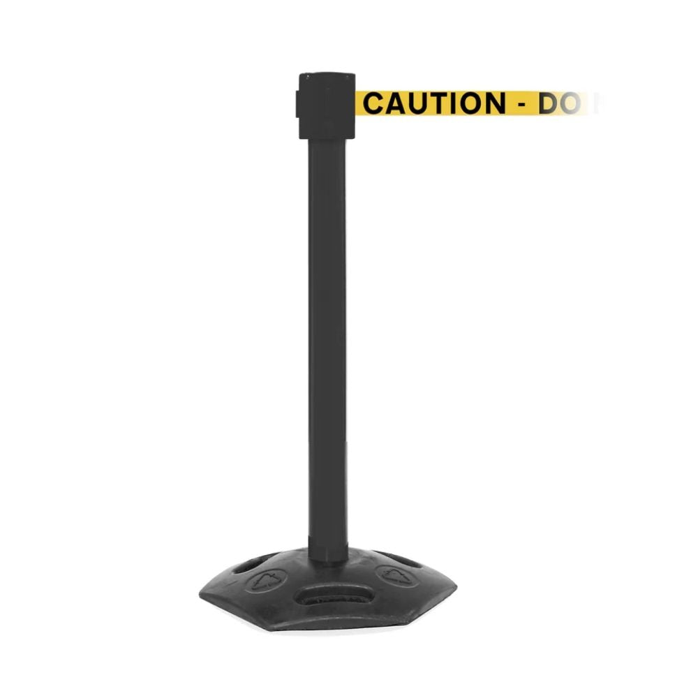 Isolated black post with a yellow "Caution – Do Not Enter" retractable belt on a plain white background.