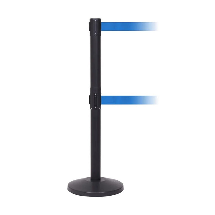 Single black retractable barrier post with two blue belts shown on a white background.