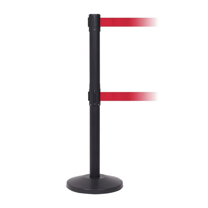 Single black retractable barrier post with two red belts shown on a plain white background.