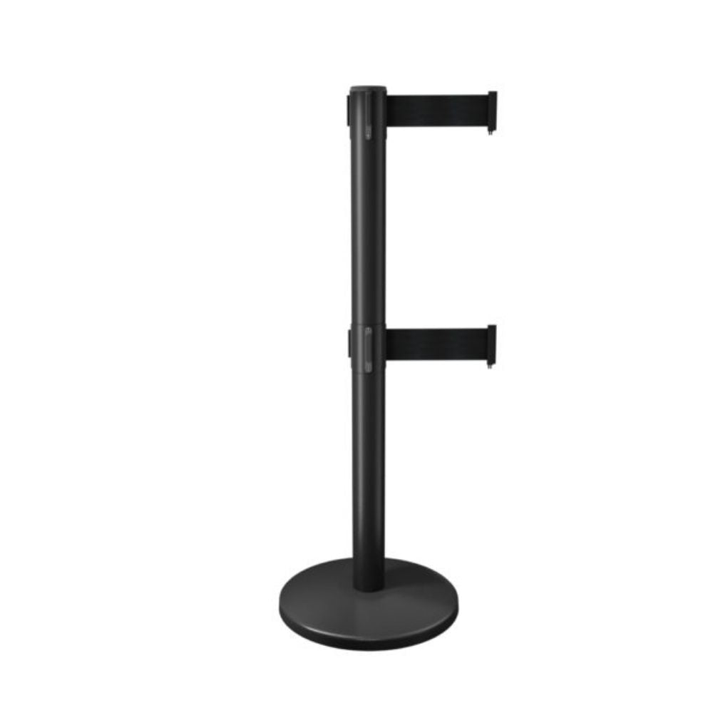 A single black retractable barrier post with two horizontal belts, displayed against a white background.