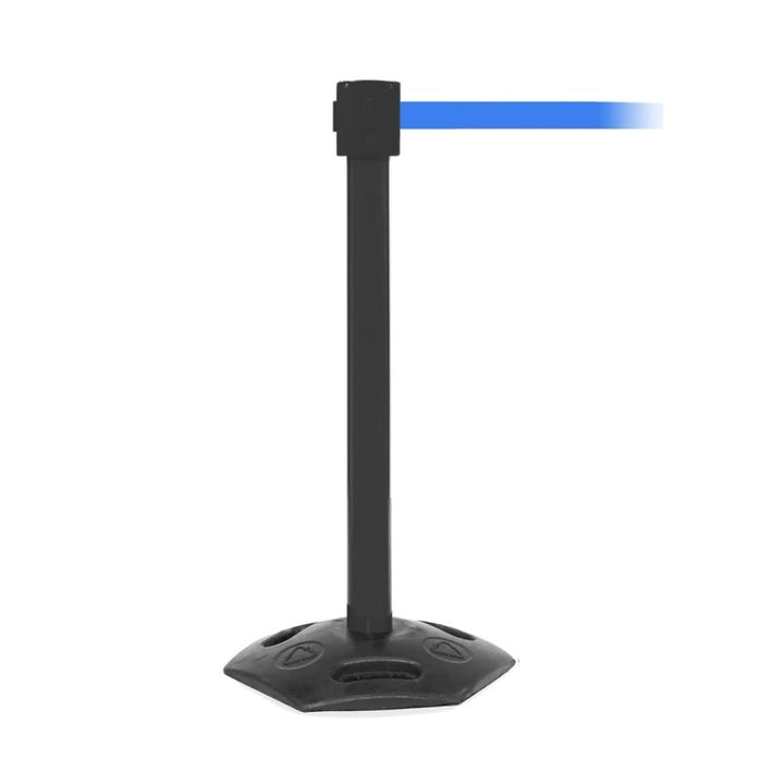 Standalone black post with an extended blue retractable belt and hexagonal rubber base on a plain background.