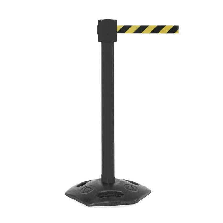 Isolated black barrier post with yellow and black retractable belt on a plain white background.