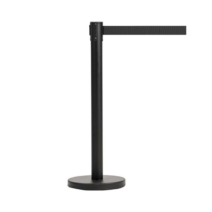 A single black retractable barrier post with a black belt extended, isolated on a white background.