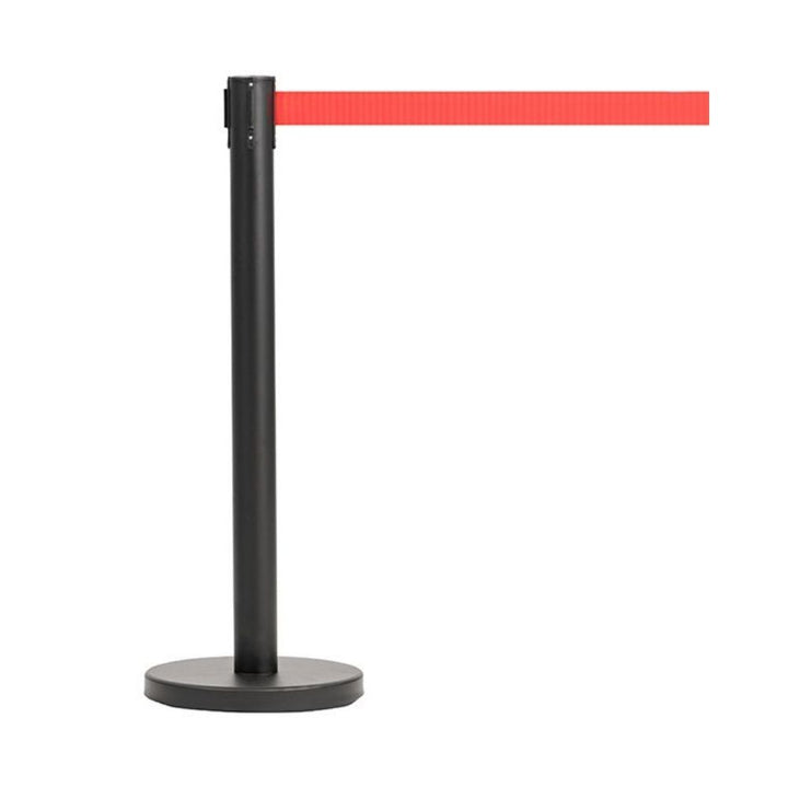 Single black retractable barrier post with a red belt extended, isolated on a white background.