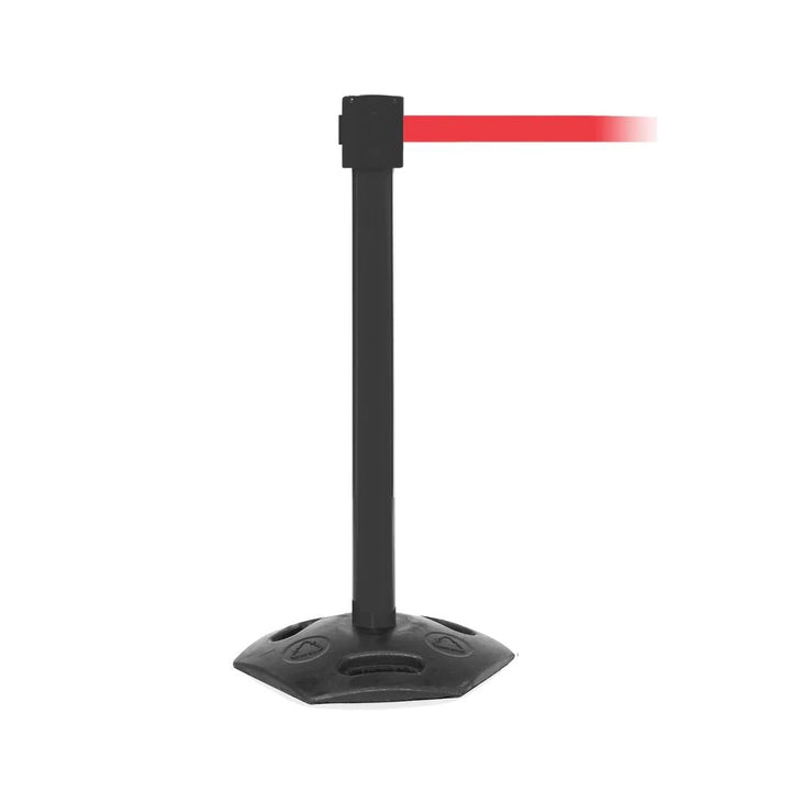 A single black retractable barrier with a red belt and hexagonal base on a plain white background.