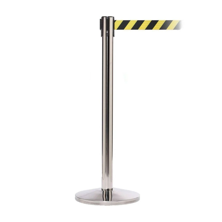 A single chrome retractable barrier post with an extended yellow and black striped safety belt against a white background.