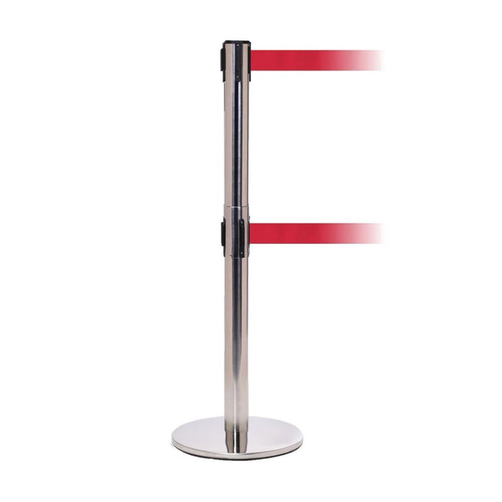 Single chrome retractable barrier post with two red belts shown against a white background.