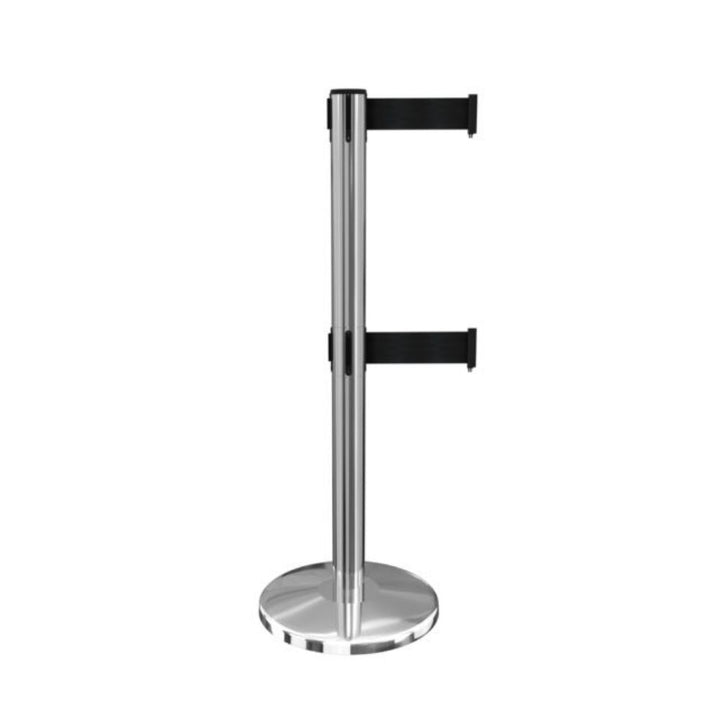 A single chrome retractable barrier post with two black belts displayed on a white background.