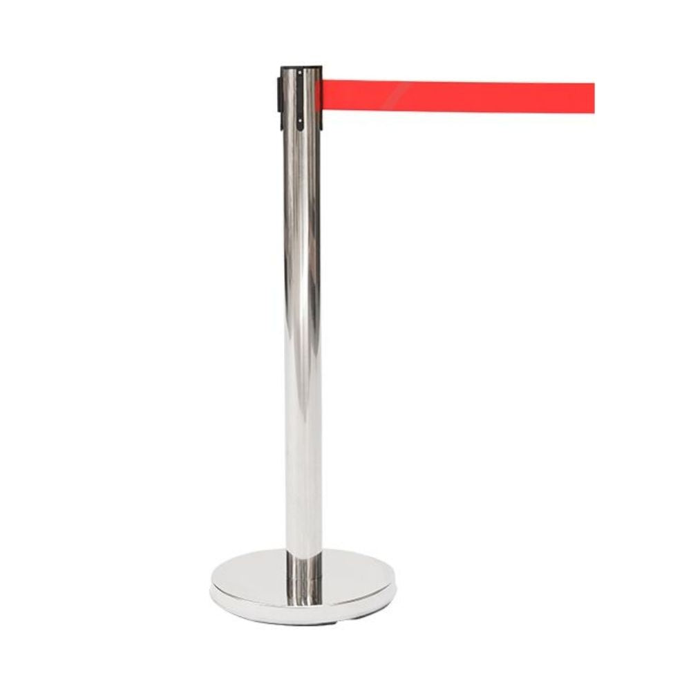 Single chrome retractable barrier post with a red belt extended, isolated on a white background.