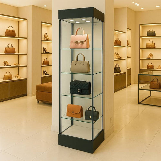 Single Door Lockable Black Wooden Frameless Glass Display Cabinet - 465mm