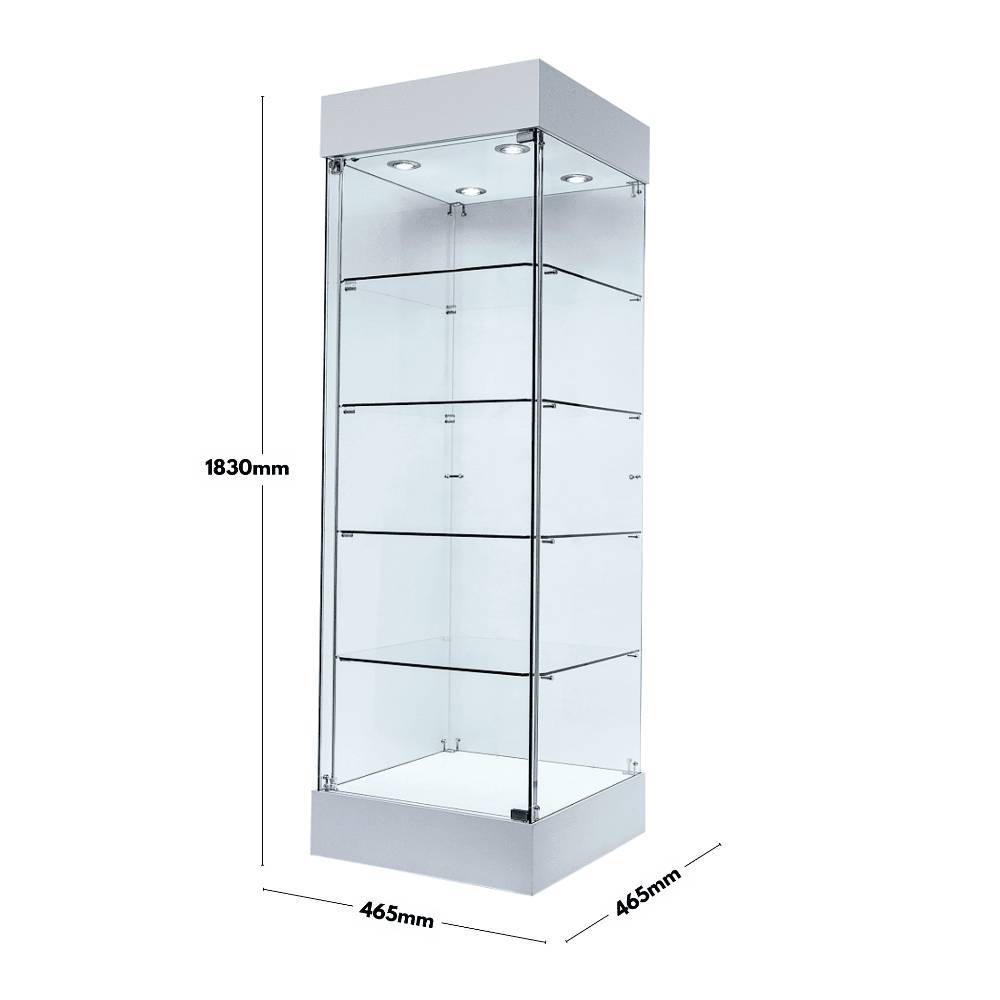 465mm Rack 465mm White Frameless Glass Display Cabinet with LED | Displaysense