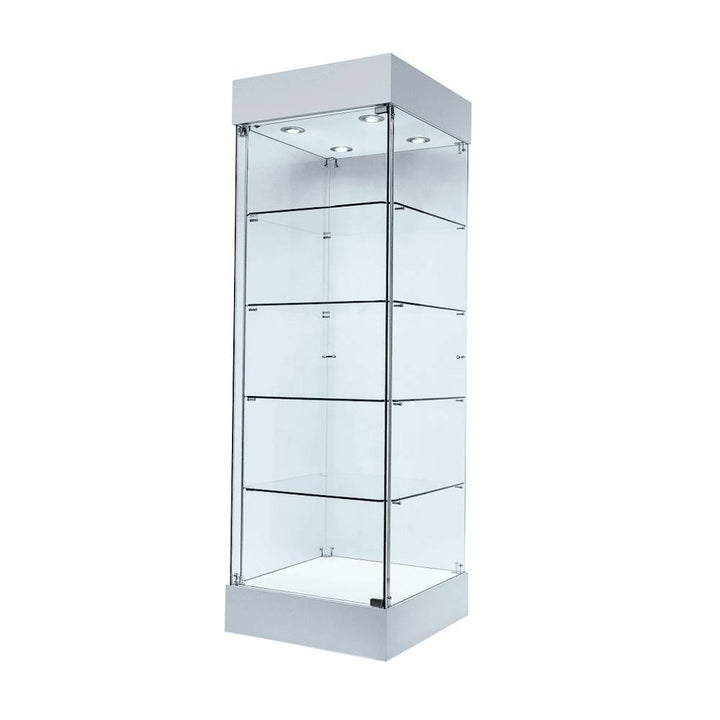 White wooden display unit – slim frameless glass cabinet with one door and secure lock for modern retail setups