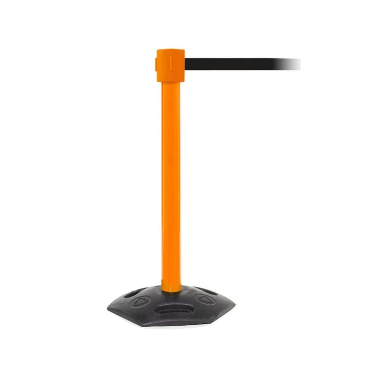 Isolated orange barrier post featuring a black retractable belt on a plain white background.