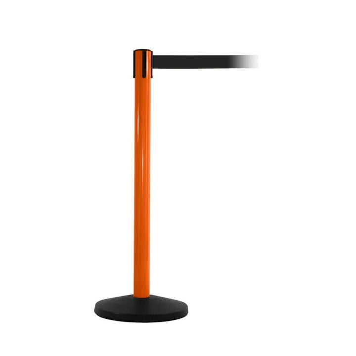 Single orange retractable barrier post with extended black webbing on a white background.