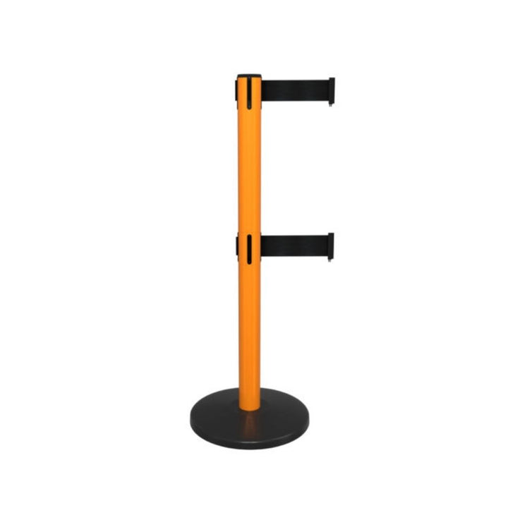 A single orange retractable barrier with black dual belts and a round black base on a plain white background.