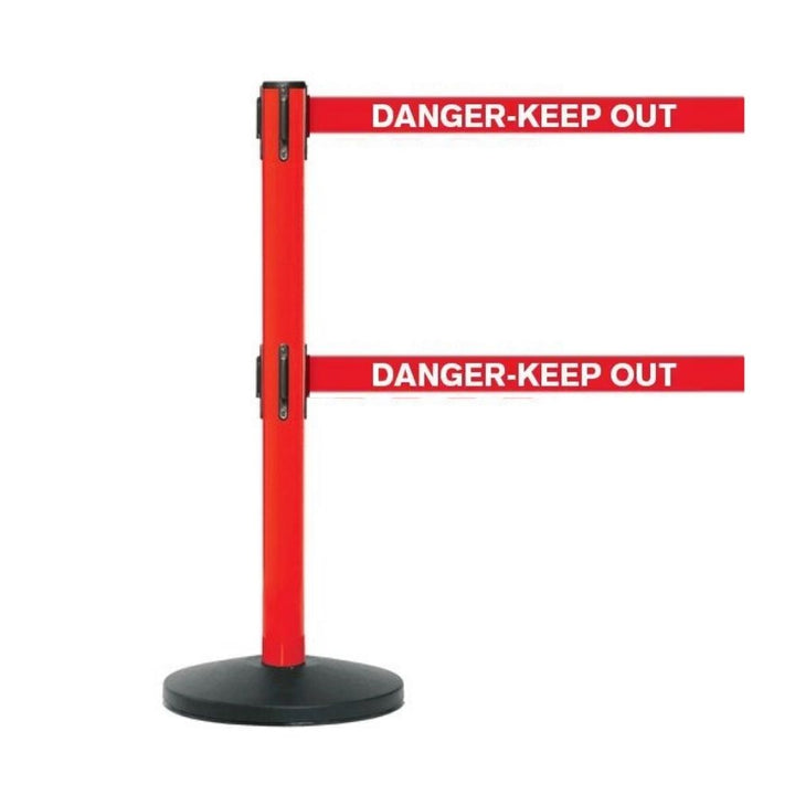 Single red retractable barrier post featuring two horizontal belts with the "Danger – Keep Out" warning text.