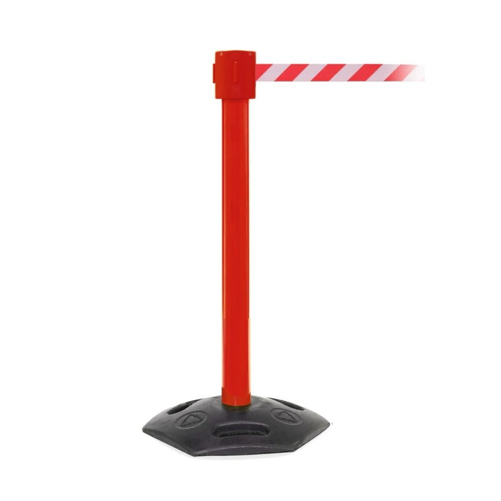 Isolated red barrier post featuring a retractable red and white diagonal striped belt on a plain white background.