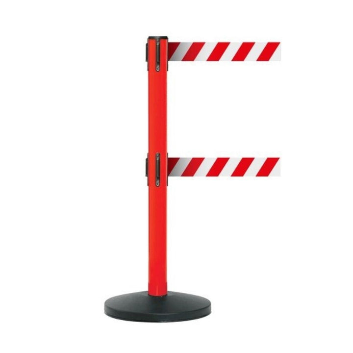 Single red retractable barrier post featuring dual white diagonal striped belts on a plain background.