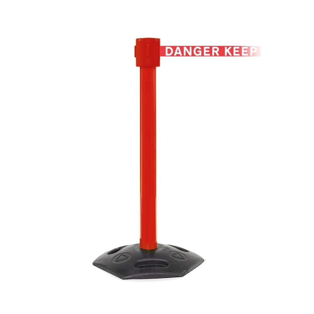 Isolated red barrier post with a retractable "Danger - Keep Out" belt on a plain white background.