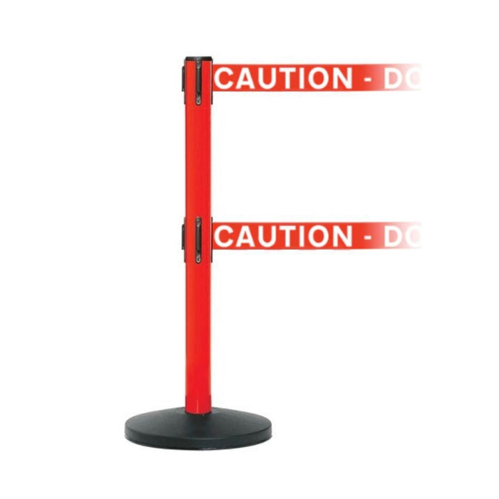 A single red retractable barrier with a black base and two "Caution - Do Not Enter" belts, displayed against a plain white background.