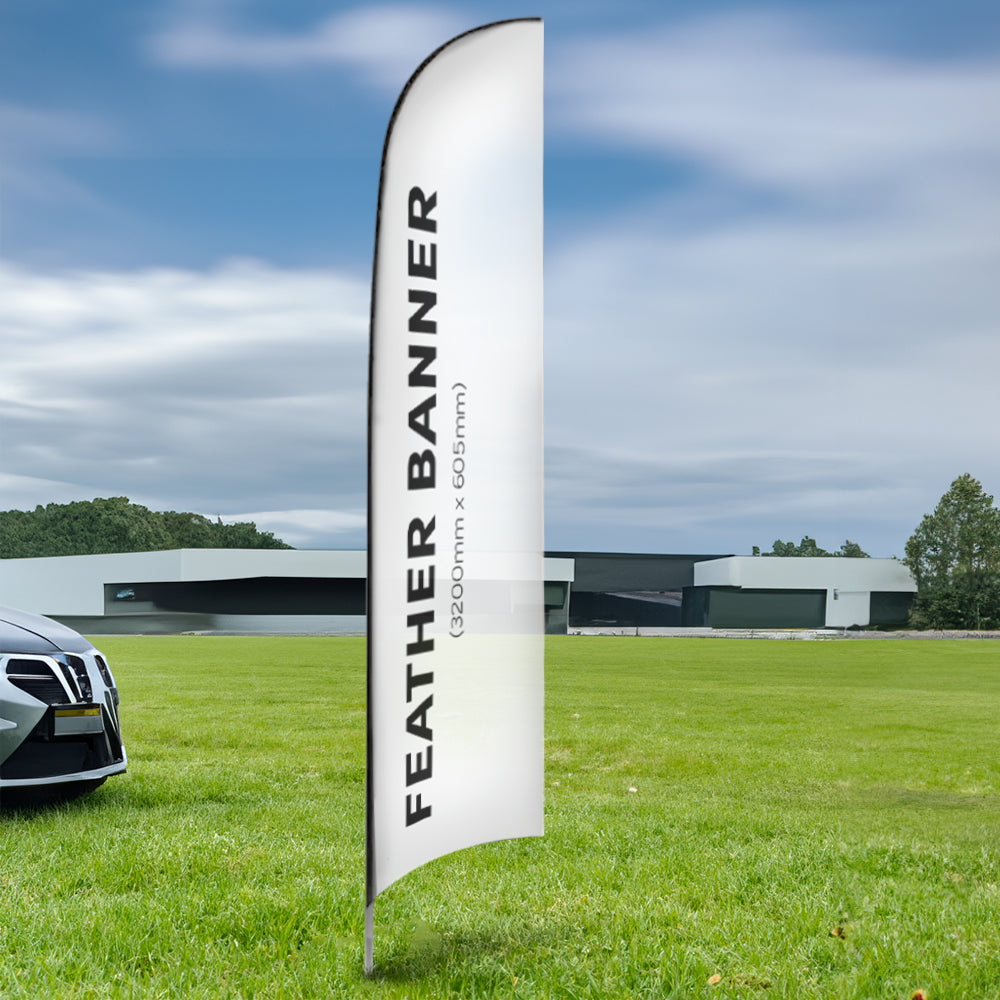 A 3.2m single-sided glass fibre feather flag with a sturdy ground spike base, featuring high-quality graphic printing for eye-catching outdoor branding and promotions.
