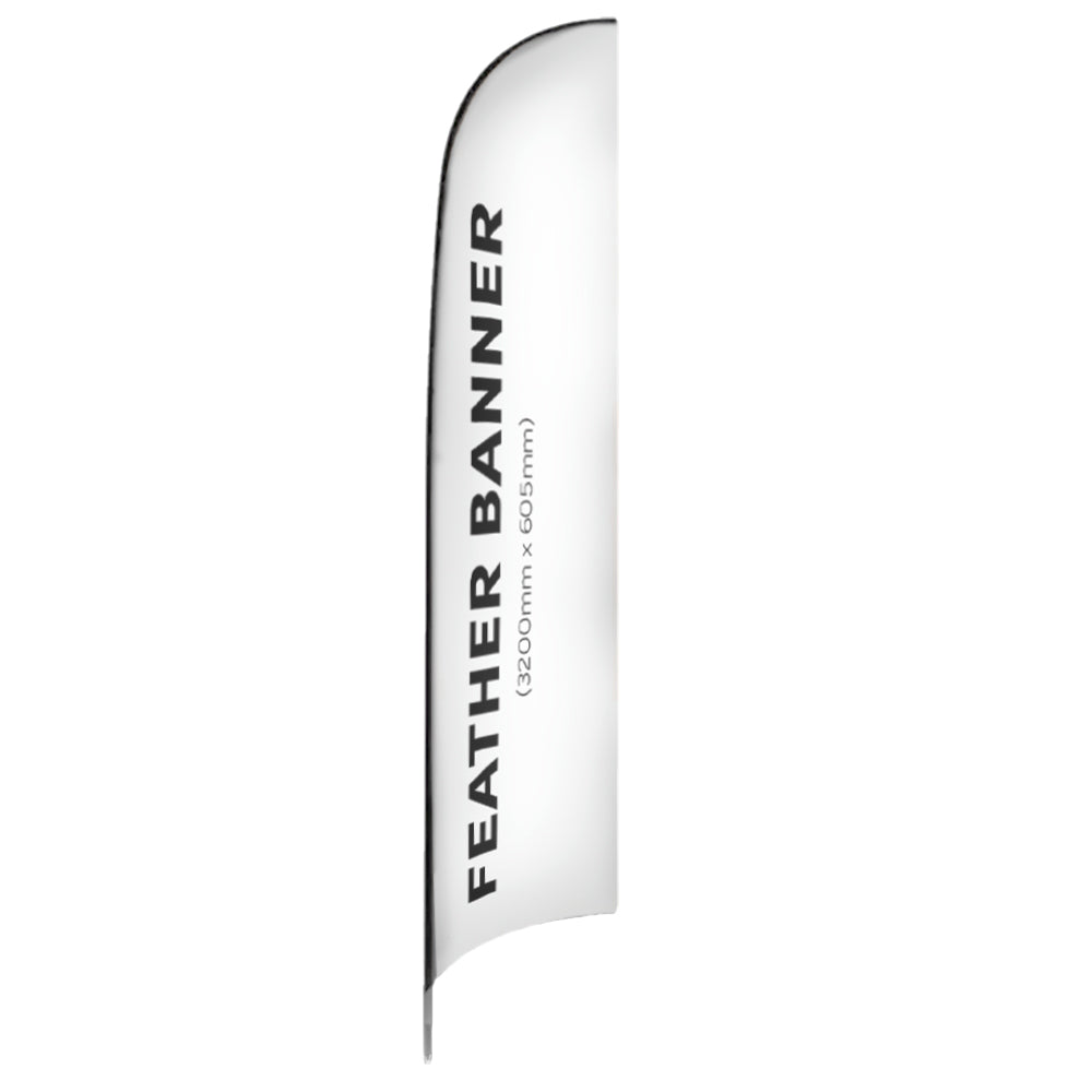 This durable 3.2m single-sided feather flag, made from strong glass fibre, includes a secure ground spike base and custom graphic printing, ideal for events, exhibitions, and roadside advertising.

