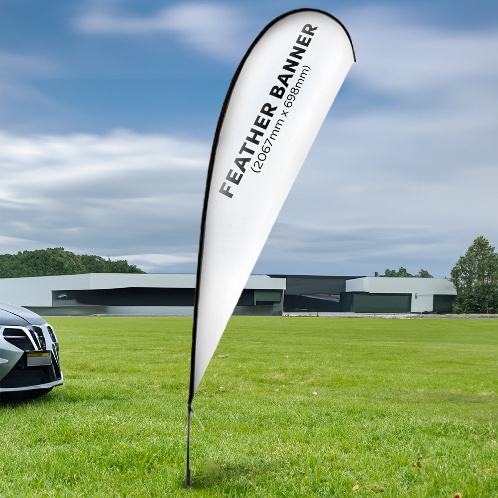 A 3.2m single-sided glass fibre teardrop flag with a sturdy ground spike base, featuring high-quality graphic printing for bold and effective outdoor advertising.
