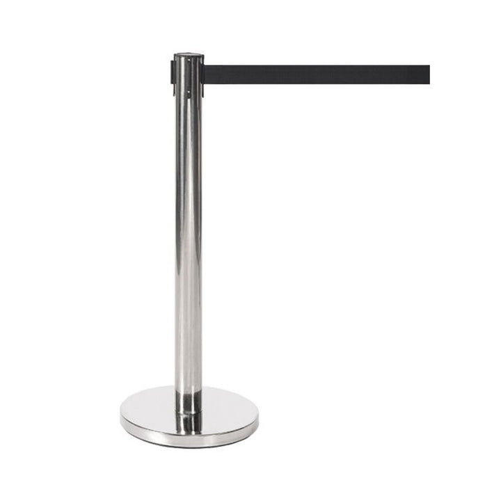 A single stainless steel retractable barrier post with an extended black belt, displayed against a white background.