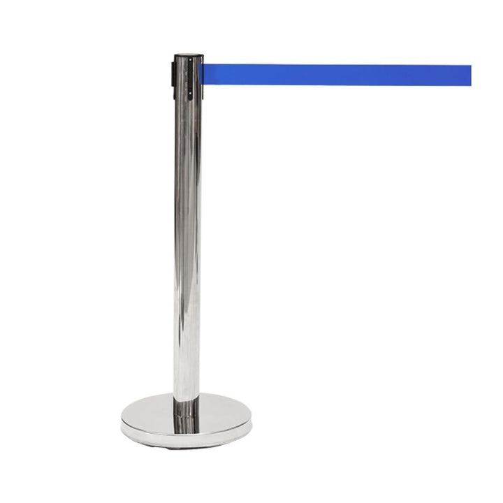 A single stainless steel retractable barrier post with an extended blue belt, isolated on a white background.