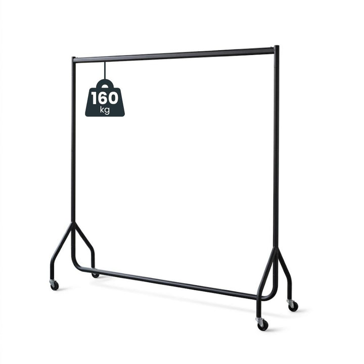 A single hanging bar runs the full width of the black steel frame, marked to 160kg and standing on four castors ready for stockroom use.
