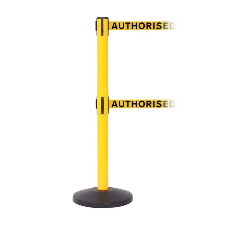 Single yellow retractable barrier post with dual “Authorised Access Only” belts extended on a white background.