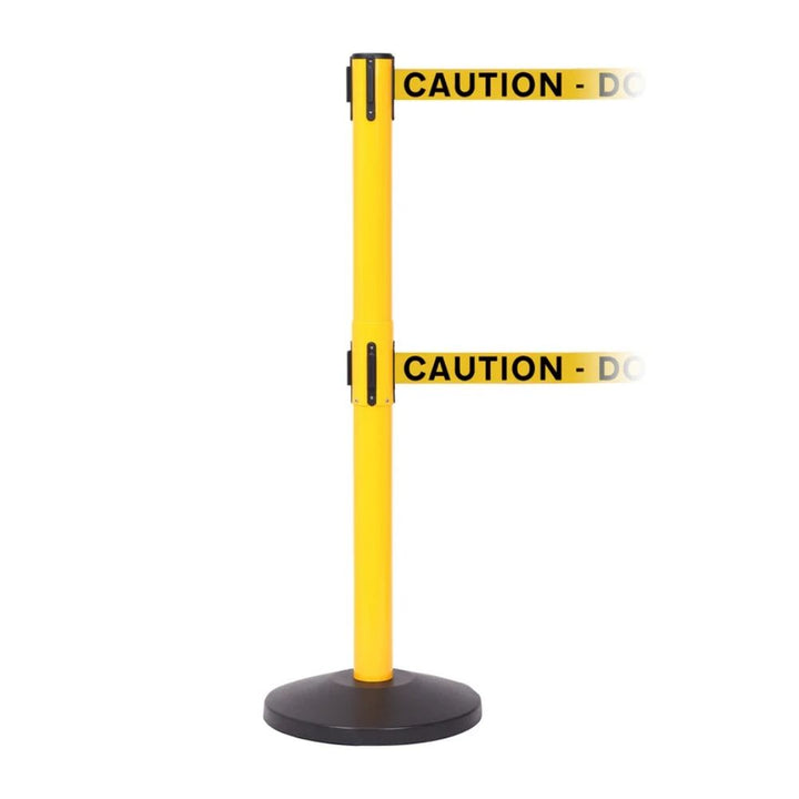 Single yellow retractable barrier post with dual "Caution - Do Not Enter" belts on a white background.