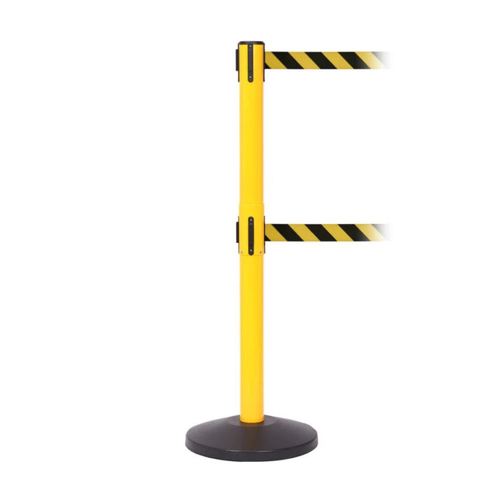 Single yellow retractable barrier post with dual black and yellow striped webbing on a white background.