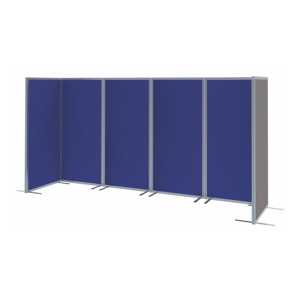 Six-panel room divider featuring blue fabric panels on the front and grey felt on the reverse, with silver aluminium frame and flat feet, set up in extended formation.

