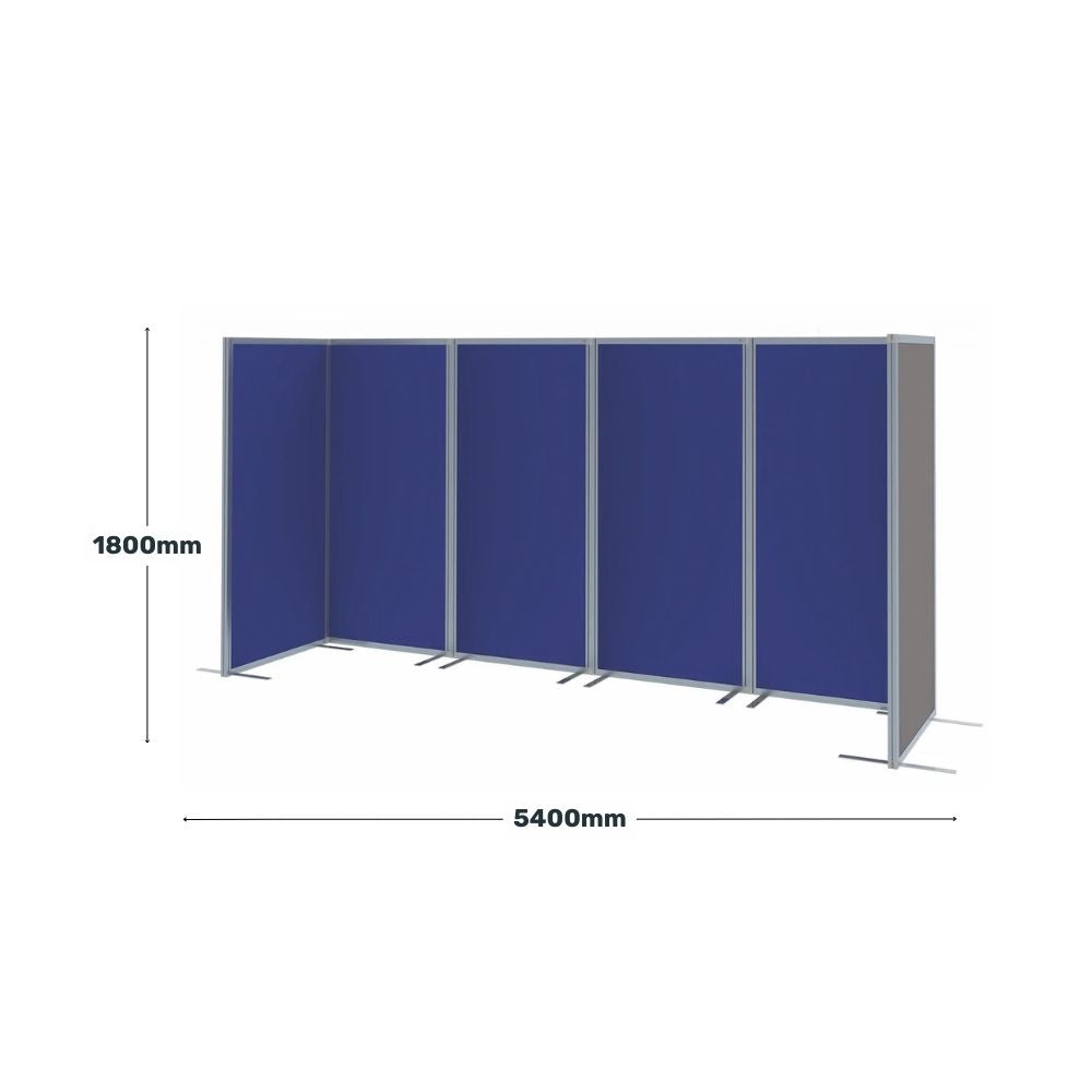 Measurement diagram of a six-panel room divider with blue fabric, showing 1800mm height and 5400mm width, framed in silver with flat stabilising feet.
