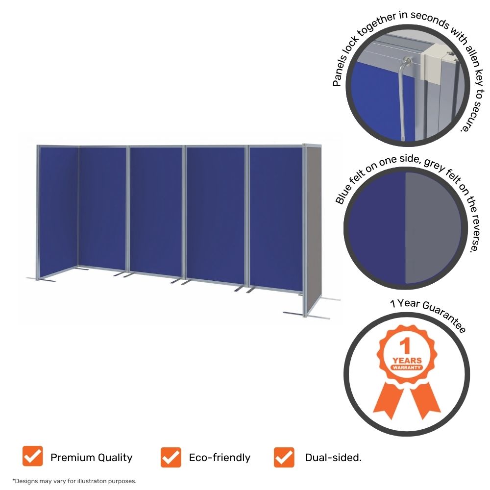 Six-panel blue divider shown with eco-friendly, dual-sided and premium quality icons, plus a 1-year warranty badge and circular close-ups of materials and connectors.

