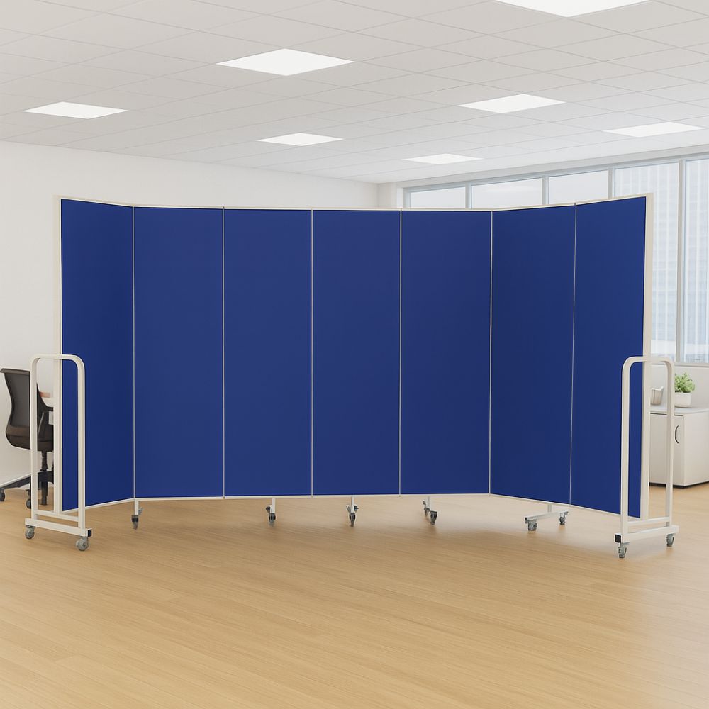 Six-panel blue fabric room divider with white frame and castor wheels, displayed in an open-plan office with wooden flooring and natural light. Includes measurement dimensions of 1940mm height and 4200mm width.