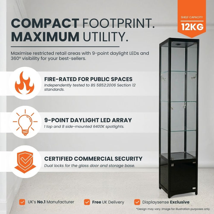 tall-slim-black-glass-display-cabinet-with-9-point-daylight-led-lighting-fire-rated-construction-and-lockable-base-storage-ideal-for-compact-retail-spaces-with-360-degree-visibility