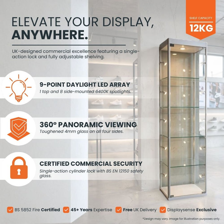 modern-slim-glass-display-cabinet-with-9-point-daylight-led-lighting-360-degree-panoramic-glass-viewing-adjustable-shelves-and-secure-cylinder-lock-designed-for-retail-environments-with-12kg-shelf-capacity