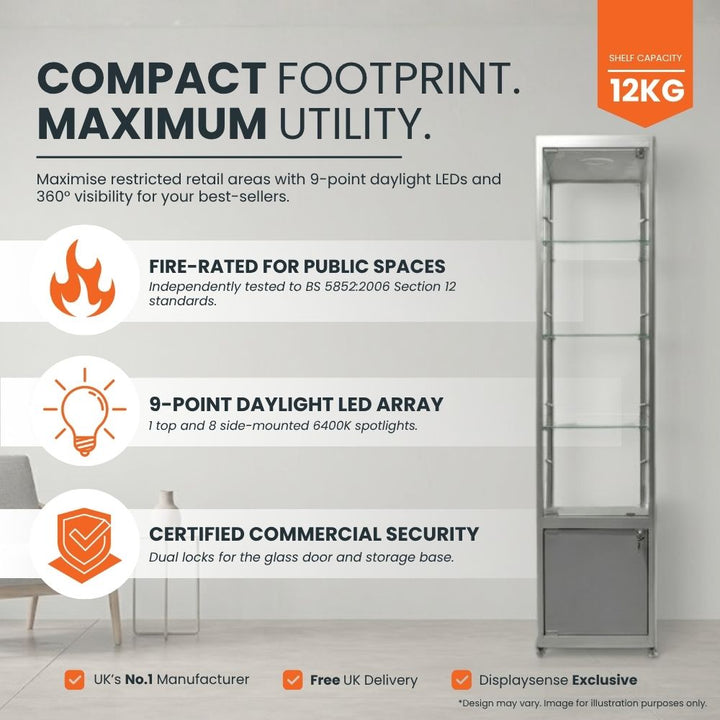 tall-slim-silver-glass-display-cabinet-with-9-point-daylight-led-lighting-fire-rated-design-and-lockable-base-storage-ideal-for-compact-retail-spaces-with-360-degree-visibility-and-12kg-shelf-capacity