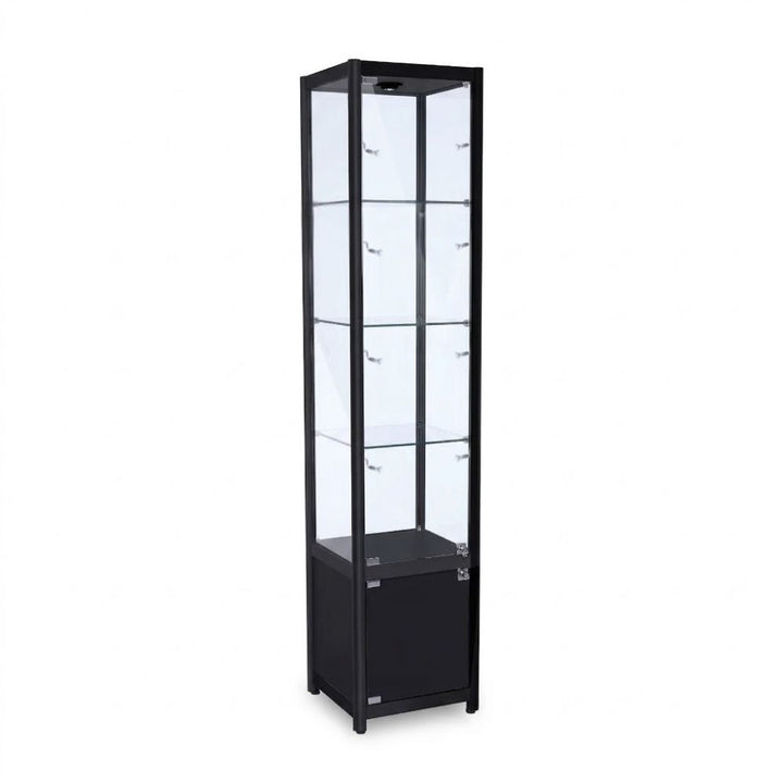 Narrow black glass cabinet with a lockable LED showcase above and a locked base below, built for boutique retail where display and stock share a slim footprint.
