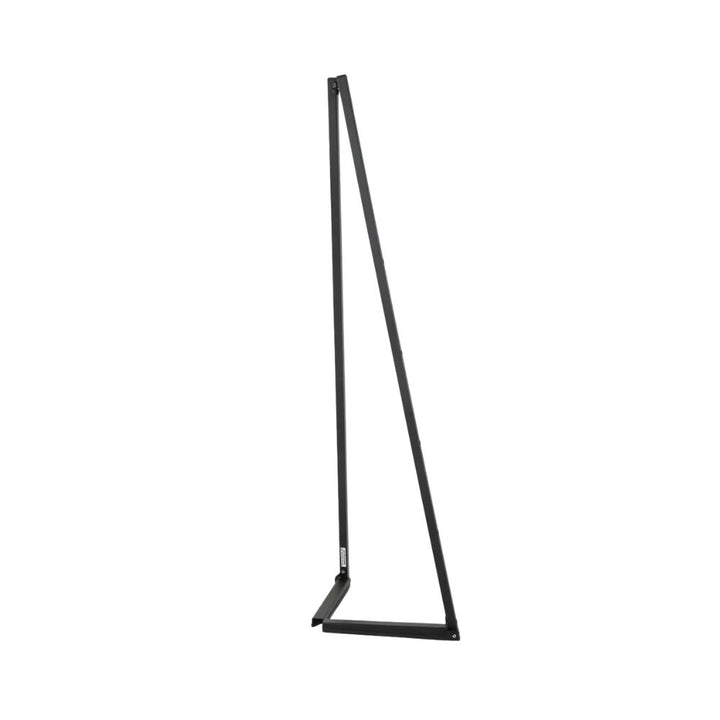 Side profile of the 1500mm portable black easel showing its slim tripod base for narrow café entrances and hotel lobbies